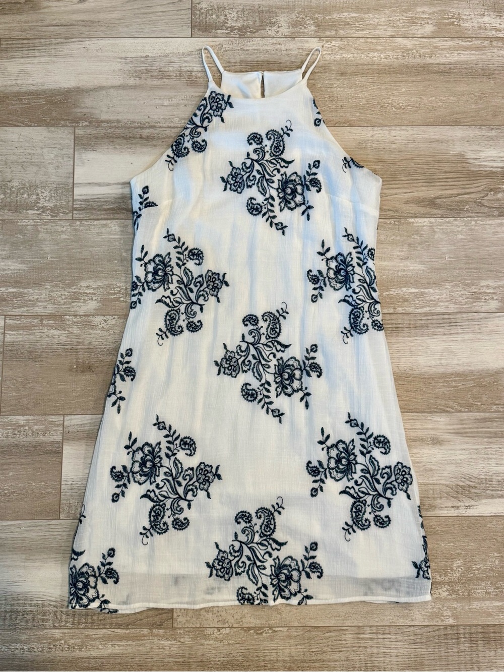 BCX White Mini Dress with Navy Blue Floral Embroidery